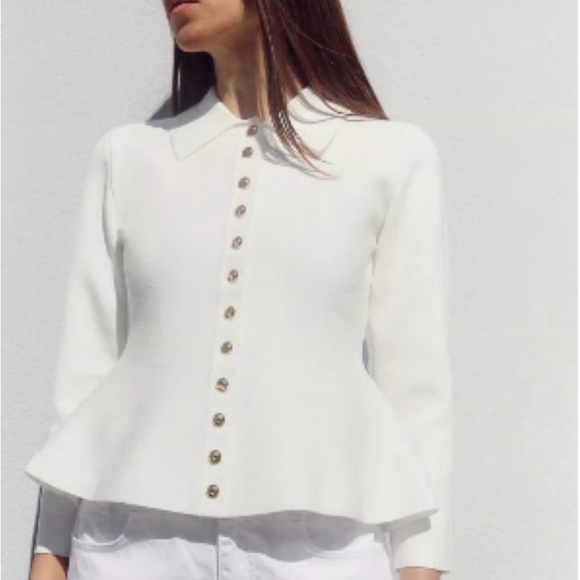 Zara Tops - Zara Gold Button White Peplum Cardigan — Size M - NWOT